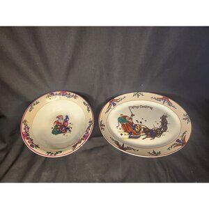 Vintage Christmas Platter & Serving Bowl Santa Sleigh Reindeer Garland Border